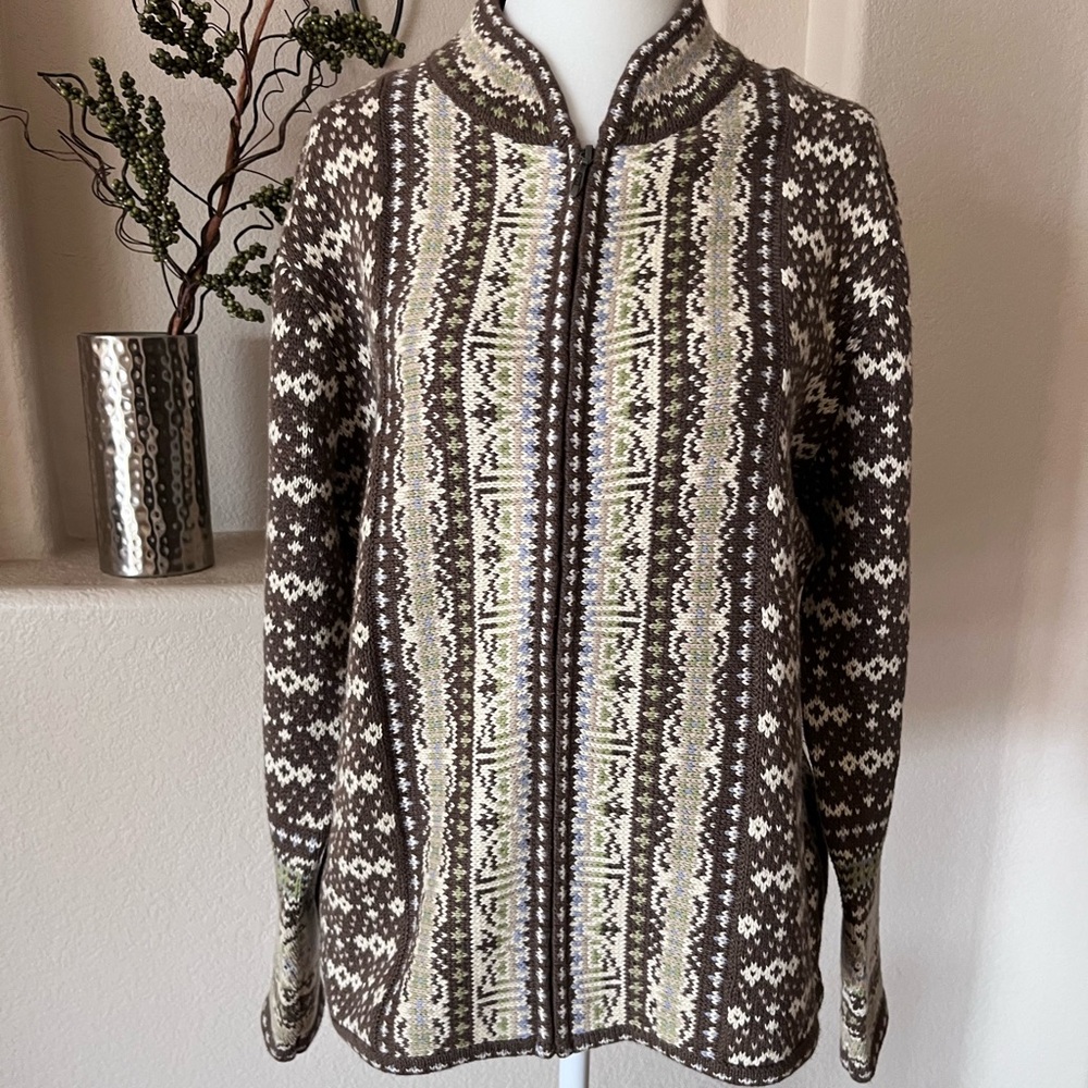 Nomadic Traders Cardigan Sweater L Fair Isle Brown Multicolor Full Zip Nordic - Picture 2 of 6